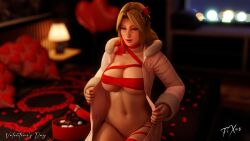 1girls 3d blonde_hair christmas christmas_present cleavage dead_or_alive fixusgmtr helena_douglas huge_breasts opening_jacket voluptuous wrapped_up