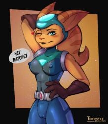 alien angela_cross_(ratchet_and_clank) anthro armor blush breasts bulging_breasts clothing erect_nipples extraterrestrial female genitals gloves handwear headgear heart helmet insomniac_games lombax_(ratchet_and_clank) mammal nipples nipples_visible_through_clothing pussy ratchet_and_clank solo sony_corporation sony_interactive_entertainment speech_bubble tight_clothing tobbywolf