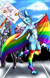 anthro canid canine canis clothing duo freyart girly halo hi_res june lagomorph legwear leporid lgbt_pride male male/male mammal pose pride_color_clothing pride_color_flag pride_colors rabbit street summer tights wings wolf