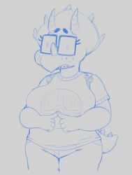 acne anthro big_breasts braces horn horns nerdy_female nervous pokeball spiked_tail square_glasses tail thick_eyebrows thick_glasses triceratops triforce wide_hips