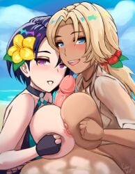 1boy 2girls alternate_costume artist_name beach black_one-piece_swimsuit black_swimsuit blonde_hair blue_eyes blue_hair breast_press catherine_(fire_emblem) ciderwrath dark-skinned_female dark_skin double_paizuri ffm_threesome fire_emblem fire_emblem:_three_houses fire_emblem_heroes flower flower_in_hair gloves large_breasts light-skinned_female light-skinned_male light_skin looking_at_viewer male male_pov medium_hair nintendo nipples nipples_touching ocean official_alternate_costume one-piece_swimsuit outdoors paizuri purple_eyes shamir_nevrand shirt short_hair swimsuit threesome uncensored watermark