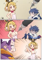 1boy 2girls astjiete breast_expansion breasts bunny_ears bunny_girl bunny_tail bunnysuit cleavage demon_boy demon_girl demons disgaea disgaea_5 flat_chest killia_(disgaea) large_breasts majorita_(disgaea) nippon_ichi_software pointing pointing_at_another usalia_(disgaea)