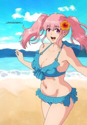 1girls beach bikini krypto-san kyochuu_rettou miura_mami pink_hair smile the_island_of_giant_insects twintails