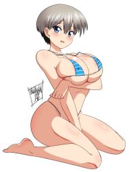 1girls arm_under_breasts bikini blue_eyes danmakuman huge_breasts kneeling short_hair silver_hair uzaki-chan_wa_asobitai! uzaki_hana voluptuous