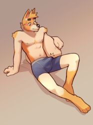 1boy 3_toes 5_fingers animal_humanoid anthro arm_support athletic athletic_anthro athletic_male balls_outline black_nose blue_clothing blue_underwear blush bodily_fluids bulge canid canid_humanoid canine canine_humanoid canis cheek_tuft chest_tuft clothed clothing countershading cum cum_in_clothing cum_in_underwear cum_through_clothing cum_through_underwear domestic_dog drkgreyy erection eyebrows facial_tuft feet fingers fur genital_fluids genital_outline head_tuft hi_res humanoid leg_markings light_body light_countershading looking_at_own_crotch male male_only mammal mammal_humanoid markings morning_wood navel nipples original penis_outline pillow raised_eyebrows shoulder_tuft simple_background sitting socks_(marking) solo solo_male sweat sweatdrop toes tuft underwear underwear_only wet wet_clothing wet_underwear yellow_body yellow_fur