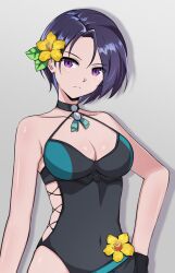 1girls alternate_costume black_choker black_one-piece_swimsuit black_swimsuit blue_hair choker cleavage commentary_request covered_navel drop_shadow female female_only fire_emblem fire_emblem:_three_houses fire_emblem_heroes flower flower_in_hair grey_background hair_flower hair_ornament komurice large_breasts looking_at_viewer nintendo official_alternate_costume one-piece_swimsuit purple_eyes shamir_nevrand short_hair simple_background solo swimsuit upper_body yellow_flower