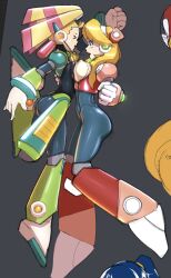 2girls alia android ass asymmetrical_docking bananagaari big_breasts blush bodysuit breast_size_difference breasts female female_only mega_man mega_man_x mega_man_x_dive multiple_girls pallette petite robot_girl size_difference small_breasts yuri