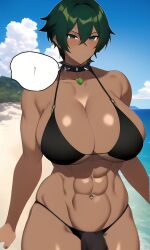 1futa abs ai_generated beach bikini bikini_bottom bikini_top bulge confused dark_skin futanari futasub green_eyes green_hair imminent_sex morgan_(xdk141) muscular muscular_futanari novelai ocean penis_under_clothes pov spiked_collar xdk141