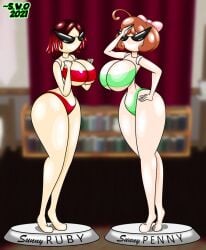 2girls bikini dollification female female_only high_heels huge_ass huge_breasts knick_knack navel penny_polendina revealing_clothes ruby_rose rwby sunglasses sunnification superweirdman swimsuit thick_thighs transformation wide_hips