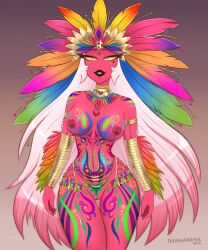 avianaress big_breasts body_jewelry body_markings bodypaint brazilian bright_colors colorful demon demon_girl demoness extreme_color feathers festival festival_girl gems gold_(metal) gold_jewelry headdress headwear helluva_boss hourglass_figure jewelry large_breasts large_hips long_hair necklace nipple_piercing piercing piercings pink_body pink_hair pink_nipples pink_skin rainbow smile smiling succubus tattoos verosika_mayday_(helluva_boss) wide_hips