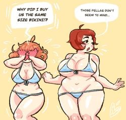 bikini breasts duo embarrassed female milf mob_face multiple_girls peachy_(salaciouspeachy) salaciouspeachy