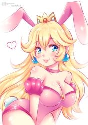 1girls blonde_hair blue_eyes breasts bunny_ears bunnysuit cleavage clothed clothing crown earrings female female_only heart human human_only long_hair mario_(series) nintendo princess_peach shiny_clothes shiny_skin smile solo sugarbell tagme