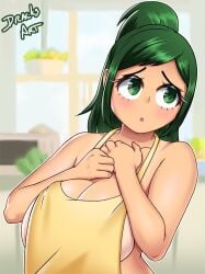 1girls apron apron_only big_breasts blush breasts dracksart female female_focus female_only giant_breasts green_eyes green_hair hands_on_chest indoors inko_midoriya light-skinned_female light_skin long_hair looking_away midoriya_inko milf mother my_hero_academia naked open_mouth pink_nipples plant pov red_cheeks shy solo solo_female upper_body yellow_apron