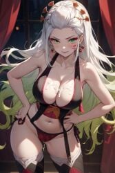 ai_generated big_breasts black_nails blush cleavage cum cum_on_body cum_on_breasts cute_expression daki_(kimetsu_no_yaiba) demon demon_girl demon_slayer facial_markings female female_only hair_ornament hi_res iron_art kimetsu_no_yaiba lingerie long_hair looking_at_viewer nail_polish nipple_bulge obi plump pointy_ears sitting smile solo thick_thighs thighhighs two_tone_hair veins very_long_hair white_hair