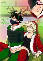 angle anime anime_style antlers arched_back bells belt blush blush_lines boys christmas christmas_clothing christmas_hat christmas_headwear christmas_outfit clothed clothed_sex cum cum_in_ass cum_inside deku dorm freckles freckles_on_ass freckles_on_face gay gay_sex green_light gripping_hair hair_grab heart-shaped_pupils izuku_midoriya izukur0t137 katsuki_bakugou lifted_shirt male/male male_penetrated male_penetrating mask moaning mouth_covered my_hero_academia on_couch pov raindeer red_light restrained riding sex small_penis smile tied_up xmas yaoi