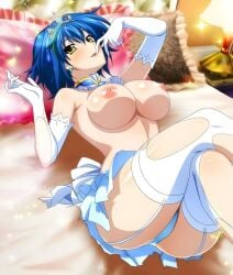 big_breasts biting_finger blue_hair blue_skirt exposed_breasts gloves high_school_dxd leg_garter panties xenovia_quarta