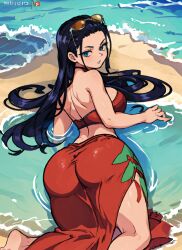 1girls ai_generated ass ass_focus beach big_ass big_breasts black_hair blue_eyes breasts cleavage female female_only from_above from_behind hi_res highleg_panties huge_breasts large_ass large_breasts looking_back lying lying_on_back mabi_ai midriff navel nico_robin on_stomach one_piece post-timeskip sunglasses sunglasses_on_head thick_thighs wide_hips