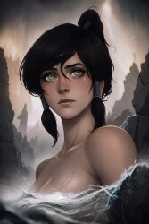 1girls ai_generated athletic avatar_legends dark_hair eyebrows eyelashes female hair hair_tubes in_water korra medium_hair neck ponytail sky solo stable_diffusion stone tanned_female tanned_skin the_avatar the_legend_of_korra water water_tribe