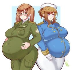 2girls axis_powers_hetalia belly beret big_belly big_breasts blonde_hair blue_eyes blush breasts clothed clothing commission commissioner_upload england_(hetalia) female female_only france_(hetalia) genderswap_(mtf) glasses gloves green_eyes hand_on_belly large_breasts light-skinned_female light_skin long_hair looking_at_another military military_uniform multiple_girls multiple_pregnancies national_personification nyotalia ponytail pregnant rabidbunny tagme twintails uniform