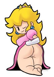 1girls anus ass barefoot blonde_hair bottomless clothed clothed_female dress erocoffee female female_only full_body kneeling long_hair looking_at_viewer looking_back mario_(series) one_eye_closed paper_mario paper_peach princess_peach pussy solo solo_female upskirt wink