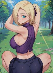 1girls ai_generated ass backboob bare_shoulders blonde_hair blue_eyes crop_top from_behind hair_over_one_eye hi_res highleg_panties ino_yamanaka large_ass large_breasts looking_back mabi_ai midriff naruto naruto_(series) naruto_shippuden navel sideboob skirt squatting thick_thighs thigh_gap wide_hips yamanaka_ino