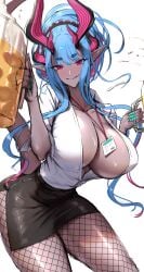 1girls alcohol alternate_version_available blue_hair blush breasts cleavage dark-skinned_female dark_skin demon demon_girl drunk fate/grand_order fate_(series) female fishnets fixed horns huge_breasts ibuki_douji_(fate) long_hair massive_breasts naughty_face office_lady oni oni_horns png pointy_ears red_eyes shiroshisu smile