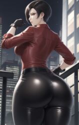 ada_wong ada_wong_(ty_brenneman) ai_generated belt big_ass black_gloves city_background latex leather_gloves leather_pants resident_evil resident_evil_6 thick_thighs tight_pants