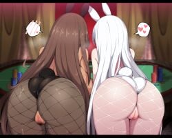 2girls animal_ears ass bent_over black_leotard blanc_(nikke) brown_hair casino censored cleft_of_venus crotchless crotchless_leotard dark-skinned_female dark_skin dat_ass fake_animal_ears fat_ass fat_mons female_pubic_hair fishnet_pantyhose fishnets from_behind fumutarou goddess_of_victory:_nikke hairy_pussy heart leotard long_hair multiple_girls noir_(nikke) pantyhose pawg playboy_bunny poker_chip poker_table pubic_hair pussy rabbit_ears spoken_blush spoken_heart steam table tail thigh_gap thighs very_long_hair white_hair white_leotard