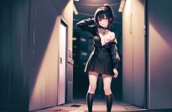 ai_generated black_hair clothes_down dress_down exposed_breasts kneesocks one_breast_out_of_clothes red_eyes short_girl small_breasts stable_diffusion 七海_千秋