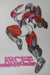 1girls 2d_(artwork) aiming arcee arcee_(rotb) ass autobot big_ass big_breasts big_butt blue_eyes color drawn female female_autobots female_only gun pink_visor pistol rear_view robot robot_girl robot_humanoid solo transformers transformers_rise_of_the_beasts unknown_artist visor visor_(eyewear)