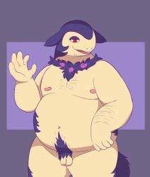 2023 4_fingers anthro arm_hair balls belly big_belly biped body_hair chest_hair deadrena facial_hair fingers flaccid foreskin fur generation_8_pokemon genitals geometric_background glans hi_res hisuian_form hisuian_typhlosion humanoid_genitalia humanoid_penis looking_at_viewer male navel nintendo nipples nude open_mouth overweight overweight_anthro overweight_male penis pink_nipples pokemon pokemon_(species) portrait prick_ears pubes purple_background purple_body purple_eyelids purple_fur red_eyes regional_form_(pokemon) simple_background small_balls small_penis solo solo_male standing tan_body tan_fur three-quarter_portrait tyson_(deadrena)