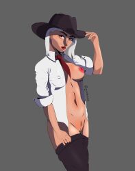 ashe_(overwatch) blizzard_entertainment breasts hat overwatch overwatch_2 pussy red_eyes tsokart white_hair