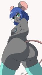 anthro ass blue_hair blush breasts desingahv female hand_on_breast mammal mammal_humanoid mouse mouse_ears mouse_tail murid murine solo tagme