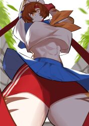 abs athletic_female bandana big_breasts breasts female looking_at_viewer looking_down miniskirt mx99926 short_hair short_shorts thick_thighs tomboy waai_fu_(arknights) wide_hips