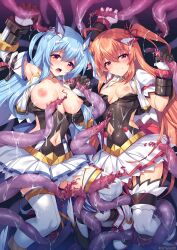 2girls armpits big_breasts blue_hair brown_eyes cum cum_on_body cum_on_face defeated excelchiffon garter_belt gloves helpless imminent_penetration imminent_rape imminent_sex leotard looking_at_viewer magical_girl multiple_girls navel navel_cutout orange_hair pink_eyes rape restrained sakurazaka_tsuchiyu sanzen_karen_excel_chiffon scared skirt small_breasts stockings tentacle thighhighs twintails white_stockings