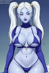 1girls ai_generated blue_body curvaceous curvy_body curvy_female dragon_ball dragon_ball_super female female_only huge_breasts long_hair marcarita ponzuaji seductive_look solo stable_diffusion voluptuous voluptuous_female white_hair