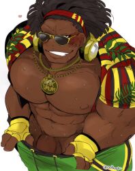 balls bara black_hair blush capcom dark-skinned_male dark_skin dee_jay hyaku_(artist) male male_only muscles muscular penis pulling_clothing pulling_pants solo solo_male street_fighter street_fighter_6 sunglasses sweat sweating