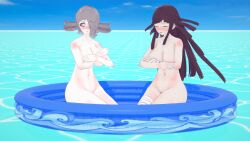 2girls 3d breasts closed_eyes covering_breasts danganronpa danganronpa_2:_goodbye_despair danganronpa_3 embarrassed embarrassed_female embarrassed_nude_female enf female female_focus female_only grey_hair kimura_seiko navel nude outdoor_nudity outdoors public public_nudity purple_hair sea sitting smooth_skin tsumiki_mikan ultimateenf