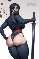 1girls ai_generated big_ass big_breasts big_butt black_hair female female_focus female_only huge_ass huge_butt human mask ninja obayen solo solo_female sword thick_ass thick_thighs thighhighs tight_clothing wide_hips