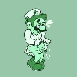 1boy clothing crossdressing enterman full_body gloves green_background heart lifted_by_self lifting_skirt looking_up luigi male male_only mario_(series) monochrome no_underwear nurse_cap one_eye_closed penis presenting_penis skirt skirt_lift solo standing super_mario_adventures testicles