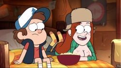 1boy 1girls accurate_art_style auburn_hair baseball_cap big_breasts bowl breasts_out brown_hair casual_nudity dark_areolae dipper_pines earrings feet_up flannel flannel_shirt freckles_on_breasts freckles_on_face ginger_hair gravity_falls green_shirt indoors looking_at_another looking_at_breasts looking_to_the_side lying nipples no_shoes on_bed on_stomach pants pine_tree_(symbol) popcorn screenshot_edit shorts sitting smile smooth_skin t-shirt teenage_girl_and_younger_boy ushanka vest wendy_corduroy white_socks yellow_socks