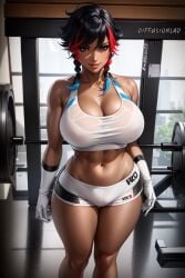 1girls ai_generated black_hair curvy_body curvy_female curvy_figure dark-skinned_female dark_skin diffusionlad female female_only gym gym_uniform huge_breasts milf short_hair stable_diffusion tomboy voluptuous voluptuous_female