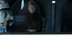 1boy 1girls armor background belt big_breasts blonde_female blonde_hair clothed_breasts drinkerofskies female female_focus fully_clothed hair headgeart helmet imperial_officer lips looking_at_viewer male military_uniform railing science_fiction soldier solo_foucs standing star_wars tied_hair uniform upper_body