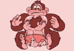 2boys blush donkey_kong donkey_kong_(series) dry_humping enterman gay gorilla hand_on_breast hands_on_breasts hands_up humanoid_penis interspecies looking_at_another male male/male male_only mario mario_(series) monochrome multiple_boys penis pink_background precum shiny_breasts shiny_skin simple_background sitting_on_lap sitting_on_penis size_difference socks testicles underwear