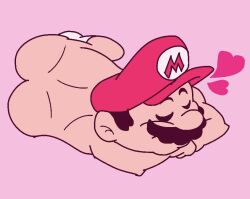 1boy ass closed_eyes enterman hat heart leaning lying male male_only mario mario_(series) moustache pink_background simple_background socks socks_only solo