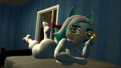 3d_(artwork) 3d_background accessory anthro ass ava_nightcap bed bedroom_eyes big_breasts big_butt black_eyes bow_ribbon breasts digital_media_(artwork) domestic_cat eyewear felid feline felis female female_only furgonomics furniture glasses hair hi_res karen_(smg4) lying lying_on_bed mammal narrowed_eyes on_bed ribbons seductive smg4 solo tail tail_accessory tail_bow tail_ribbon white_body white_hair