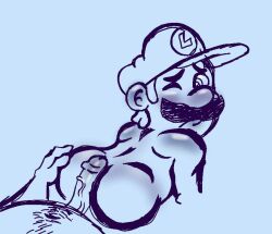 2boys ass blue_background blush enterman gay hairy_stomach hand_on_ass hand_on_butt looking_back luigi male male/male male_only mario mario_(series) monochrome multiple_boys one_eye_closed penis penis_between_ass simple_background sketch solo_focus stomach