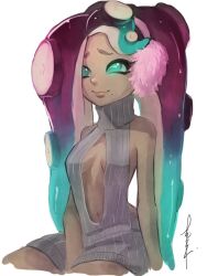 dark_skin dress earmuffs female green_eyes marina_(splatoon) marine_humanoid nintendo octarian octoling sizu splatoon splatoon_2 tentacle_hair