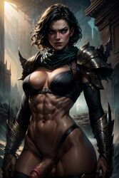 1futa abs ai_generated angry armor arms athletic athletic_futanari balls ballsack black_hair bra bracer bracers breasts city cock detailed_background dick dickgirl eyebrows futa_only futanari hair large_penis light_skin muscular muscular_futanari neck partially_clothed penis plate_armor scarf scrotum shoulder solo solo_futa stable_diffusion standing sunlight testicles thighs veiny_penis