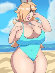 1girls alternate_breast_size big_breasts blue_eyes blueartfiend breasts breasts_bigger_than_head busty huge_breasts mario_(series) plump princess_rosalina swimsuit thick_thighs